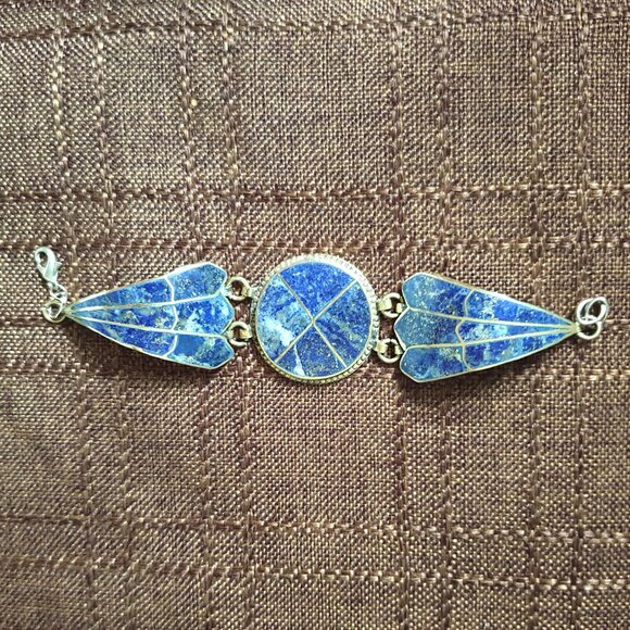 7'' Rare  Bold Vintage Afghan Lapis Lazuli Inlay Silver Tone Bracelet - Picture 10 of 11